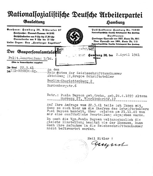 Schreiben NSADAP-Gauleitung Hamburg an RSK