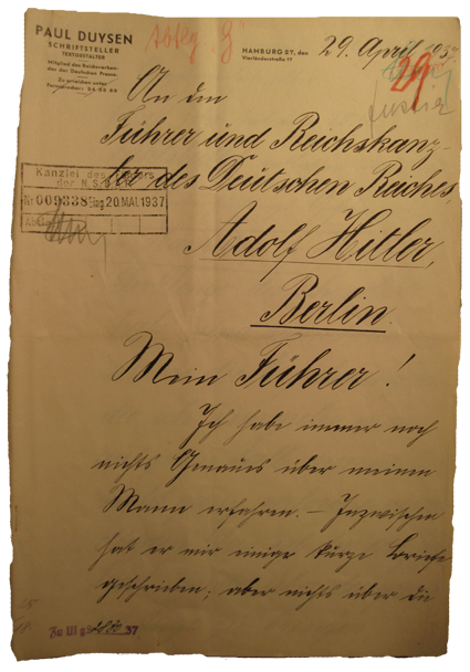 Brief Paula Duysen an Adolf Hitler April 1937