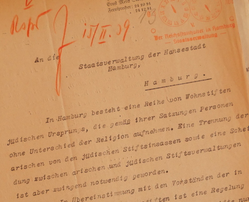 Ausschnitt des Briefes der Sozialverwaltung Hamburgs an die Staatsverwaltung, vom  9.2.1939
