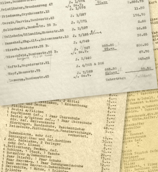 Abrechnungen des Versteigerers Carl F. Schlüter mit der Stadt Hamburg über Veräußerung von Haushaltsgegenstände deportierter Jüdinnen und Juden.